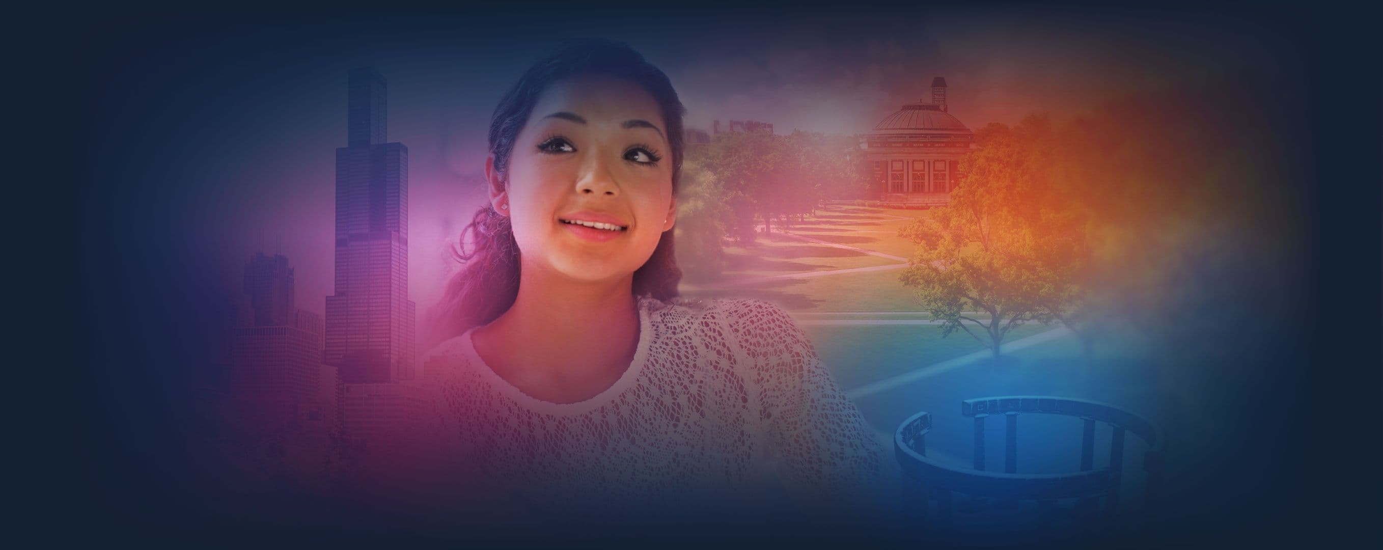 A young woman in front of a collage of images from the 3 University of Illinois campuses in Urbana, Chicago, and Springfield